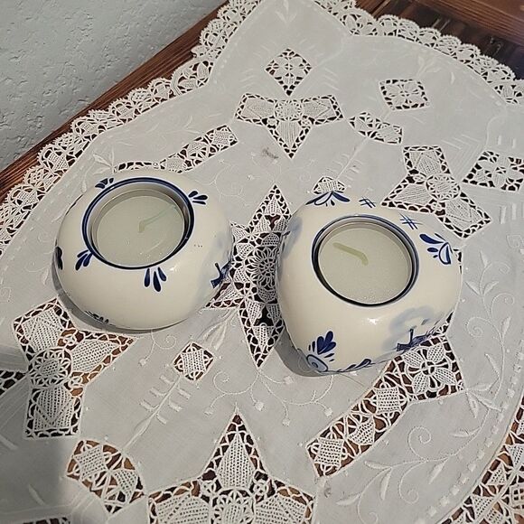 Pair Vtg Dutch Delft Blue Floral Tealight Candle Holders Holland Heart & Round - Picture 16 of 16